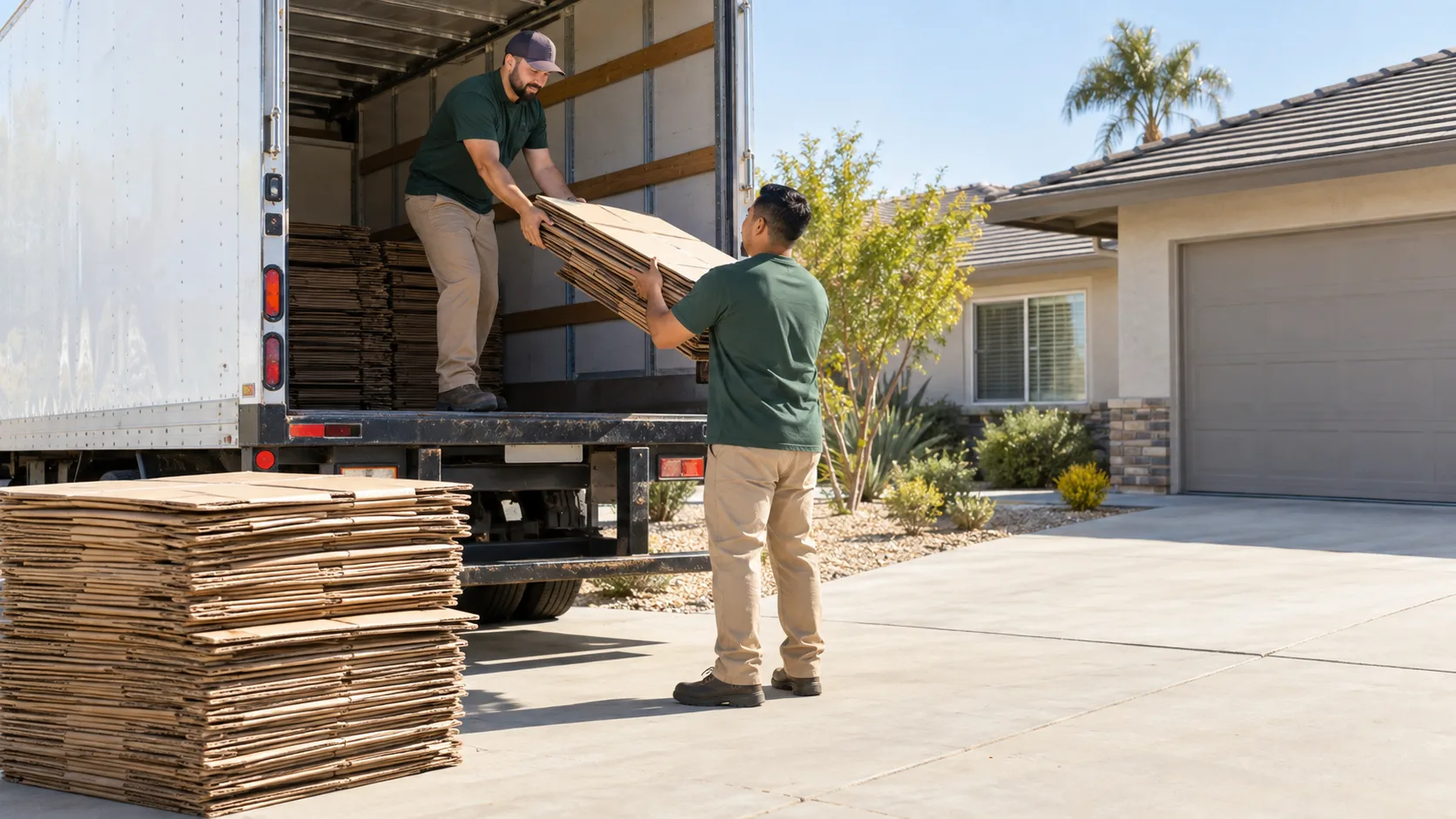 Workers loading flattened cardboard into an unbranded box truck at a Bakersfield-area home