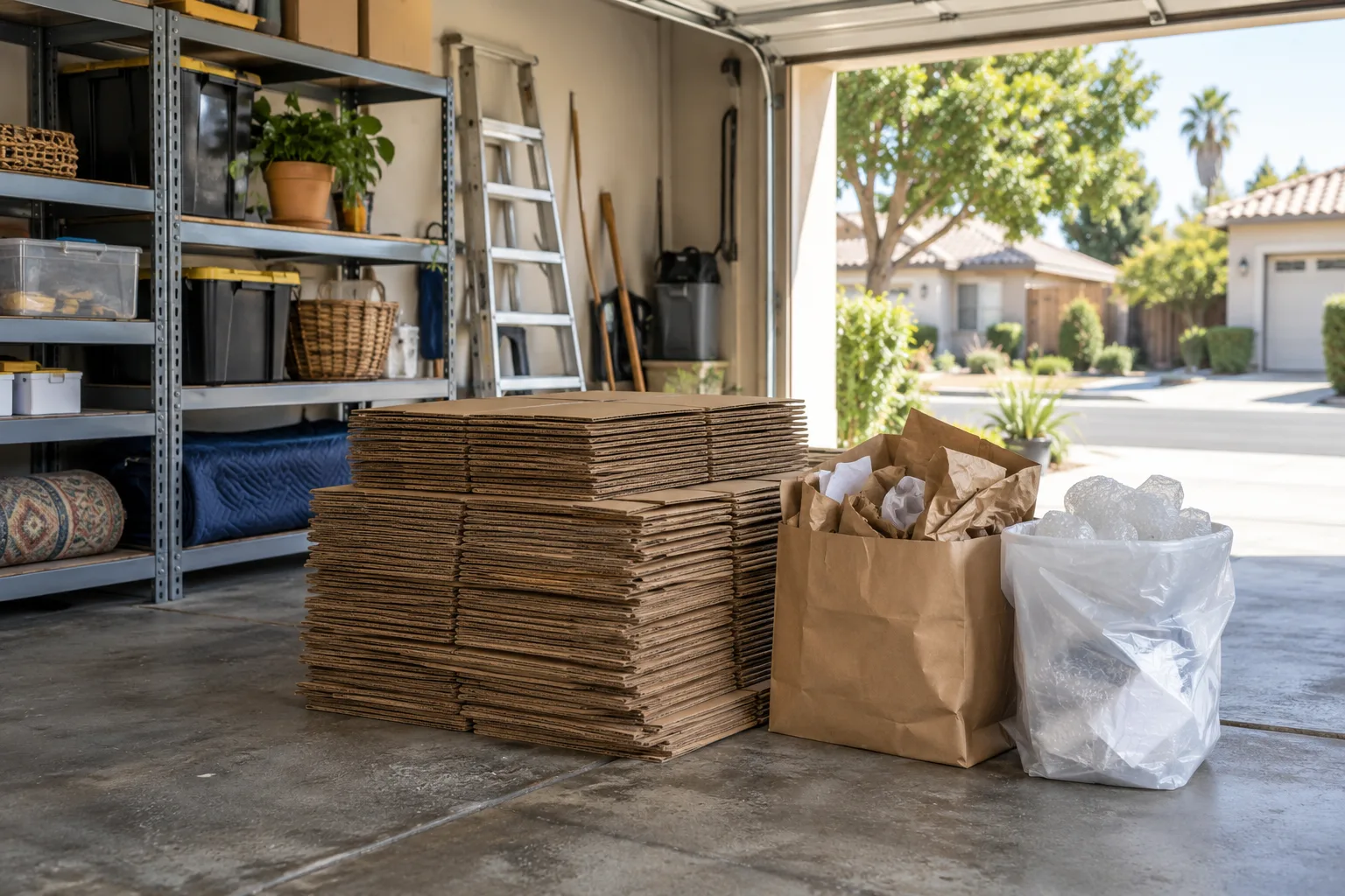 Clean flattened cardboard separated from packing plastic in a garage